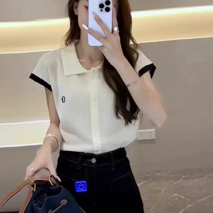 夏季气质时尚撞色polo领刺绣上衣女百搭休闲直筒阔腿牛仔裤套装潮