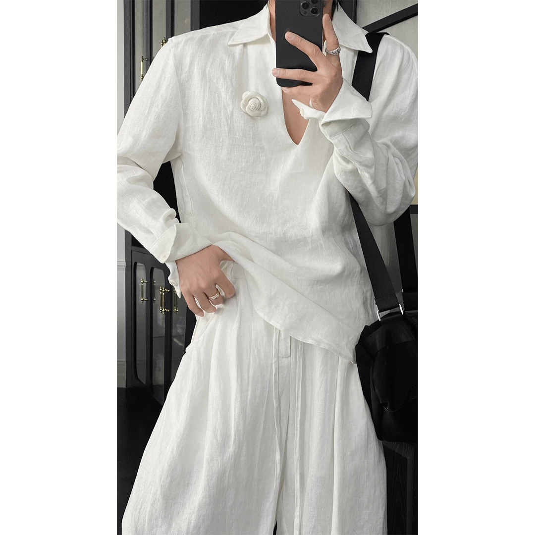 龙叨叨夏季新品老钱风亚麻衬衫套装男简约薄款长袖衬衣休闲长裤