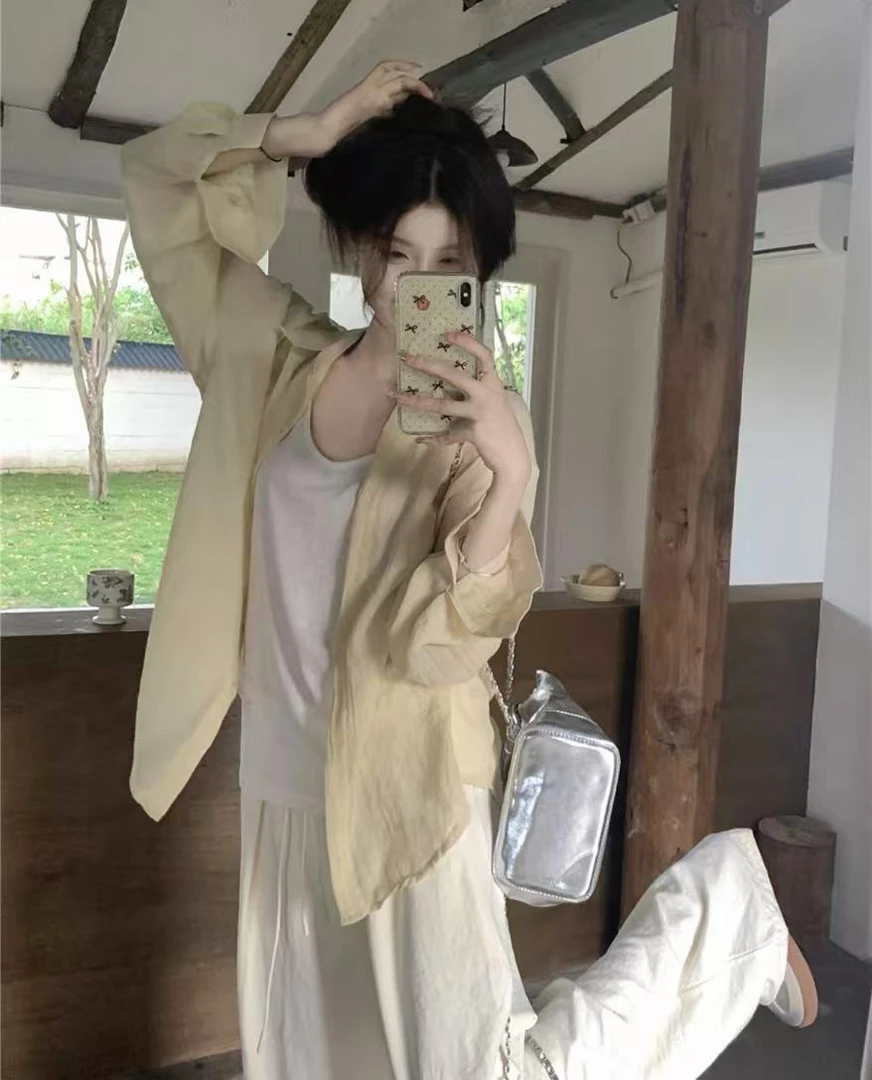 695夏季新款慵懒风简约百搭纯色吊带背心休闲长袖上衣休闲裤套装