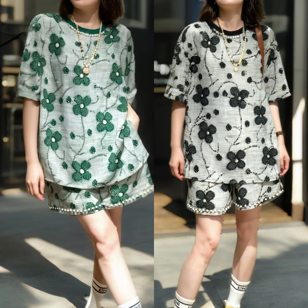 休闲风静奢风高品重工花朵时尚设计款套装薄款上衣+短裤