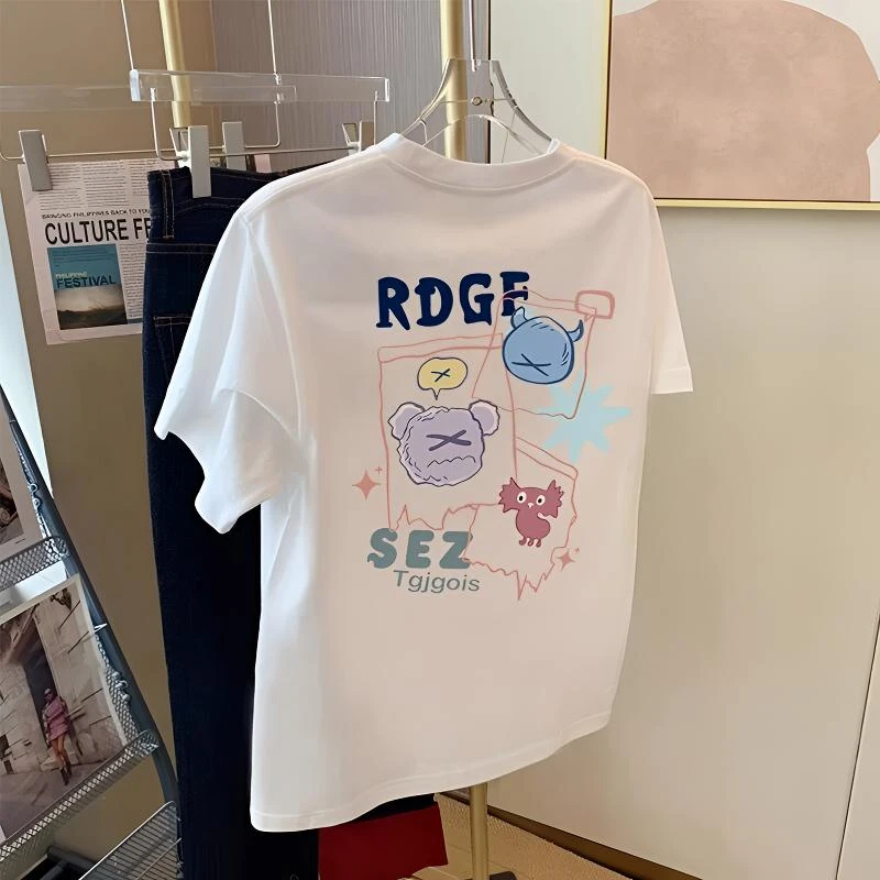 白色简约280g纯棉短袖t恤男夏季新款卡通休闲宽松百搭T设计感上衣