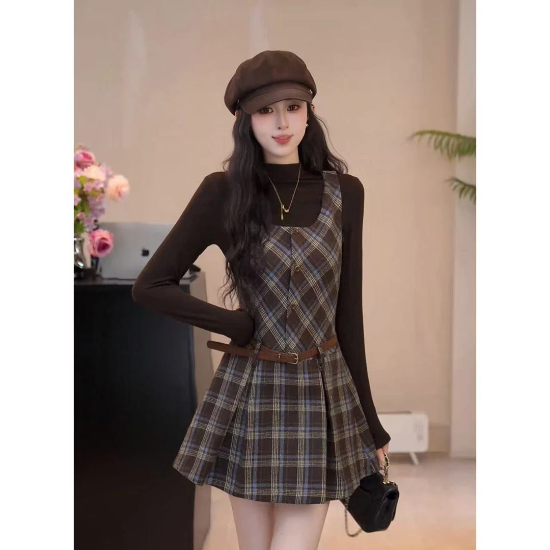 YUANLIANSU/圆脸酥【杨柳依依】法式高领打底衫+格纹连衣裙两件套女
