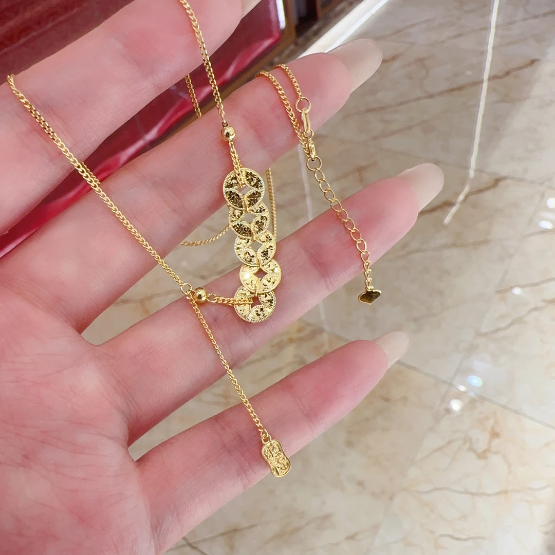 新款18K金碎碎冰小铜钱/葫芦/镭射四叶草/爆闪珠三饼小蛮腰锁骨链