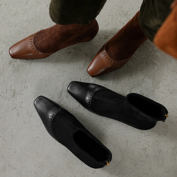 粗跟短筒时装靴圆头百搭2025年中跟气质真皮后拉链2025年新款