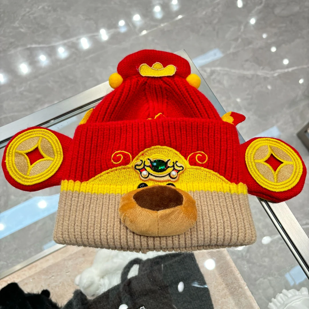 【YU·PP】小众立体小熊鼻财神爷可爱针织冷帽（PS037）