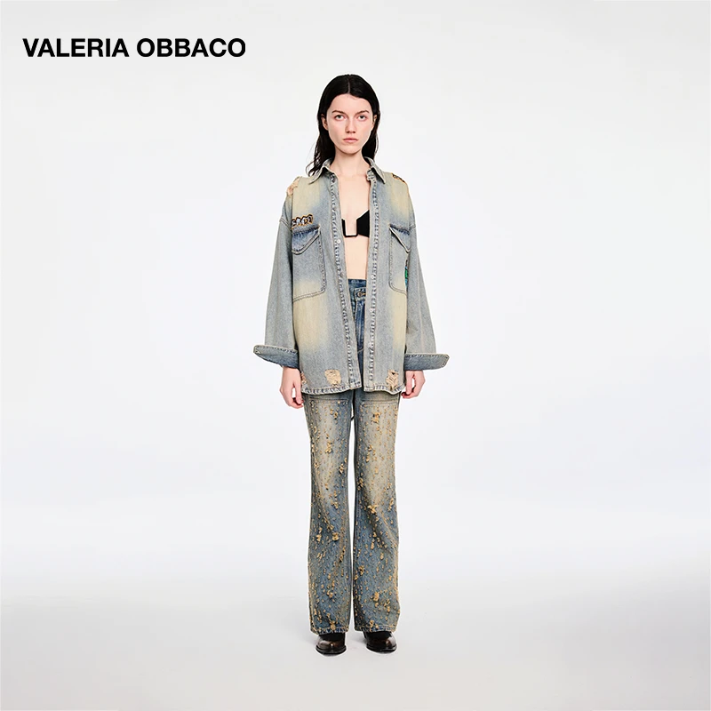VALERIAOBBACO/瓦莱丽娅 奥贝科涂鸦复古破洞牛仔衬衫
