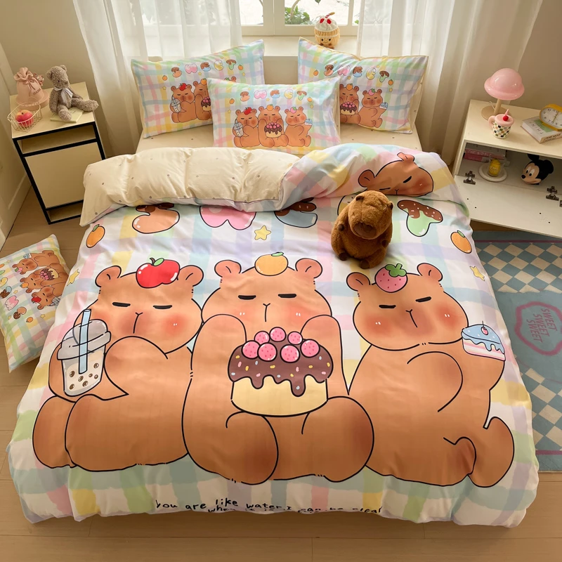 卡皮巴拉纯棉四件套可爱卡通儿童纯棉四件套1.8m床学生床单三件套
