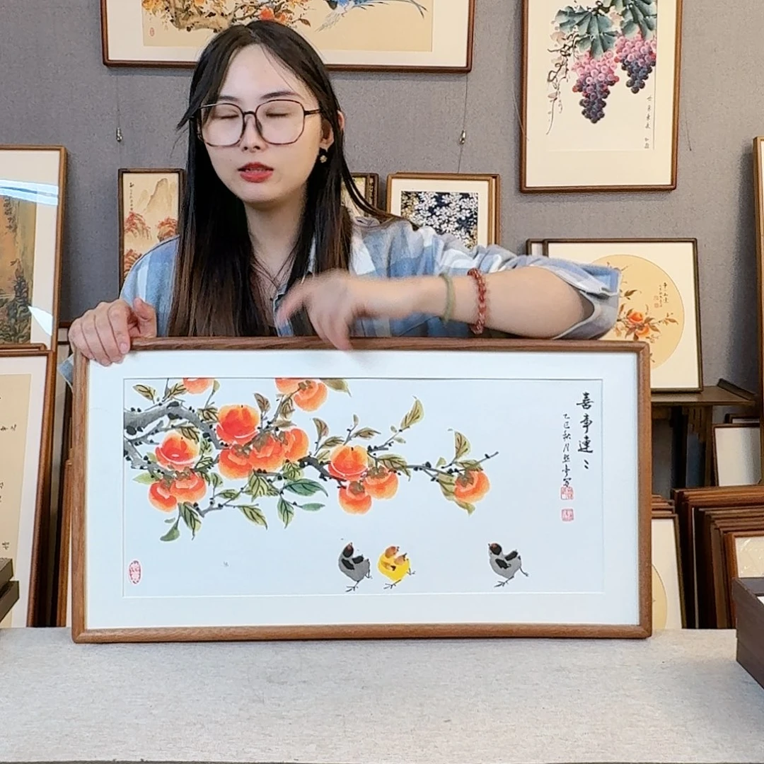 国画纯手绘，纯手写带框尺寸：36×69厘米