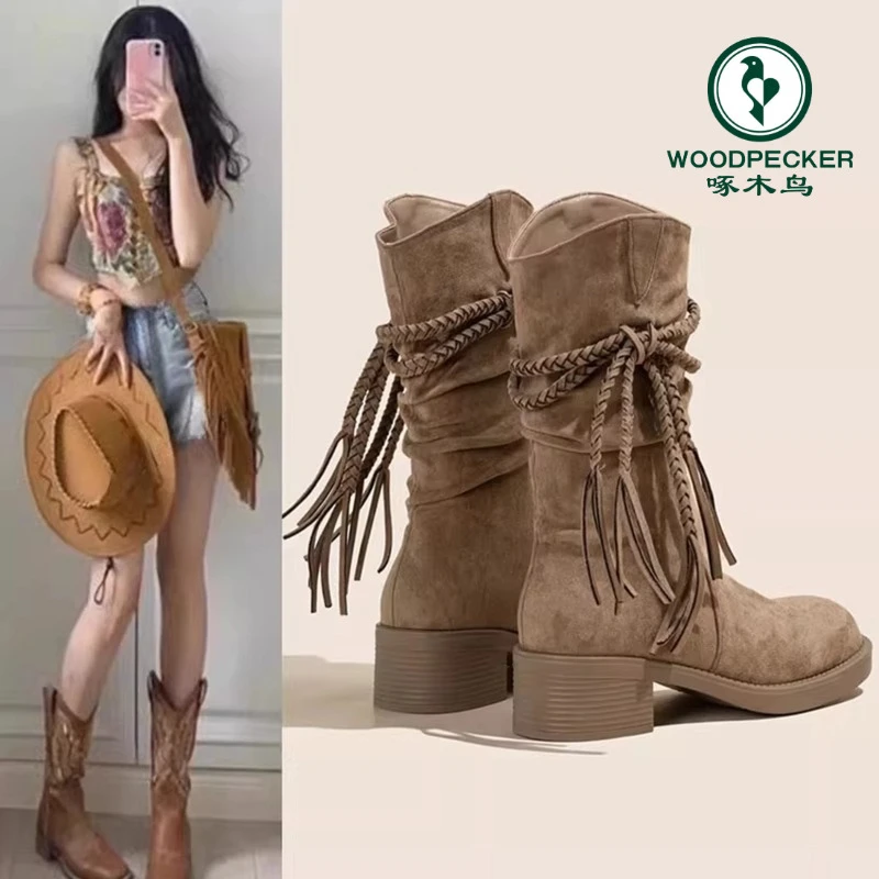 啄木鸟废土风高跟短靴子女2025新款秋季西部牛仔马丁靴流苏长筒靴