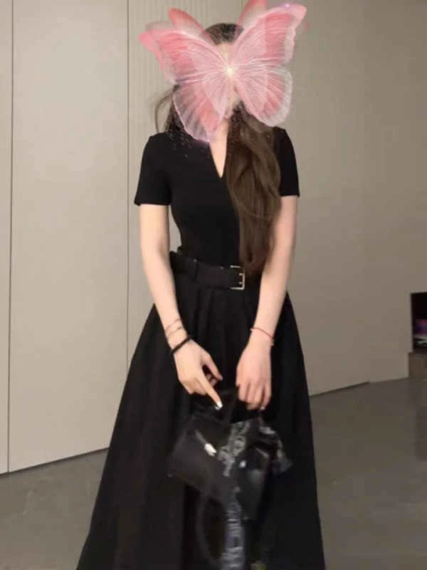 【高知千金】大码设计感拼接高智风轻薄款V领大摆长裙（送腰带）