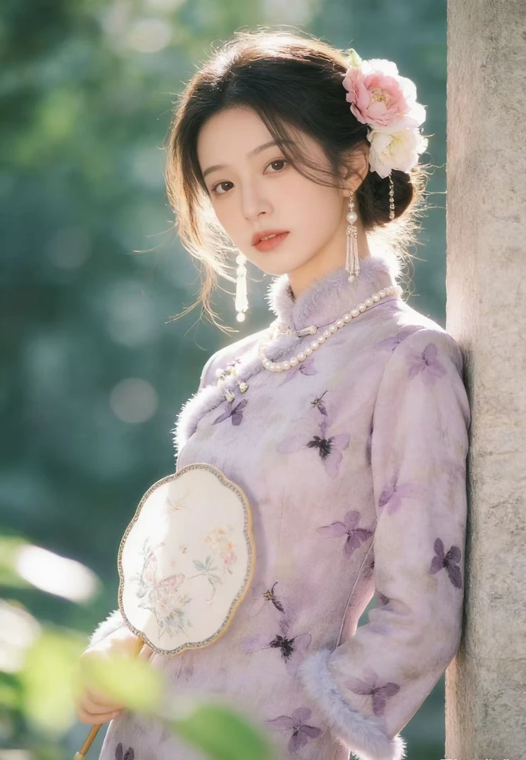 1534 紫色 紫毛领 绕袖 【紫蝶】 旗袍