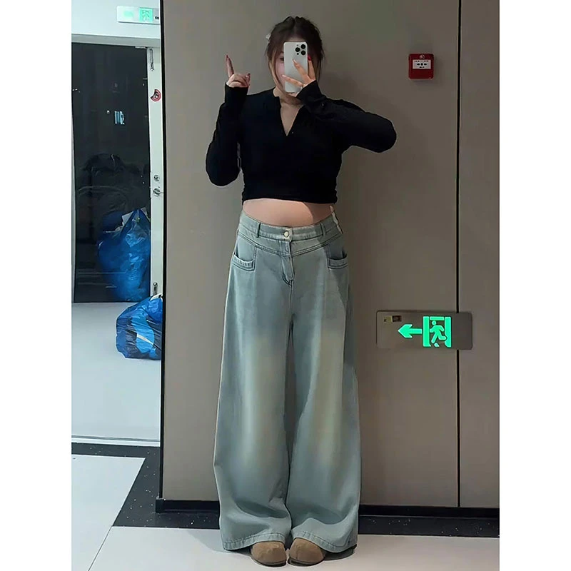 特大码复古加绒牛仔裤女冬季新款胖mm宽松显瘦梨形身材阔腿拖地裤