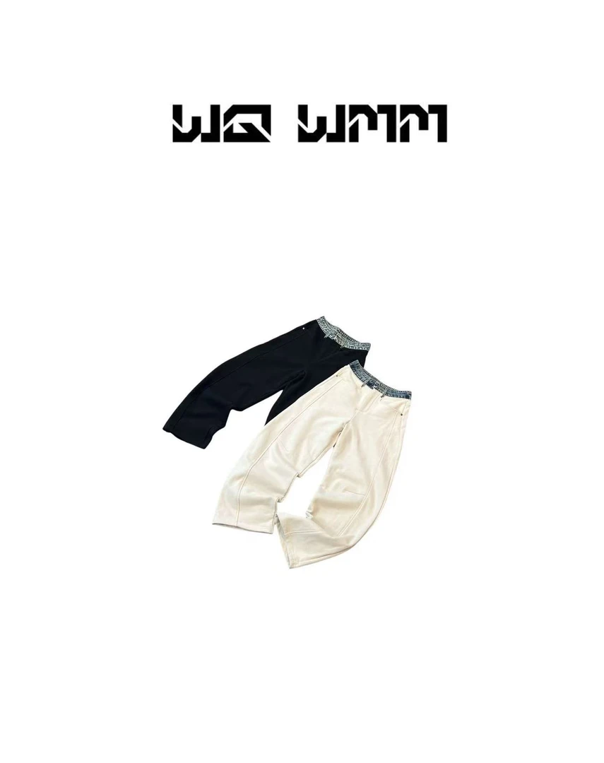 【WQWMM】小众设计时髦精牛仔拼接腰头显瘦小弯刀加绒卫裤25A12076