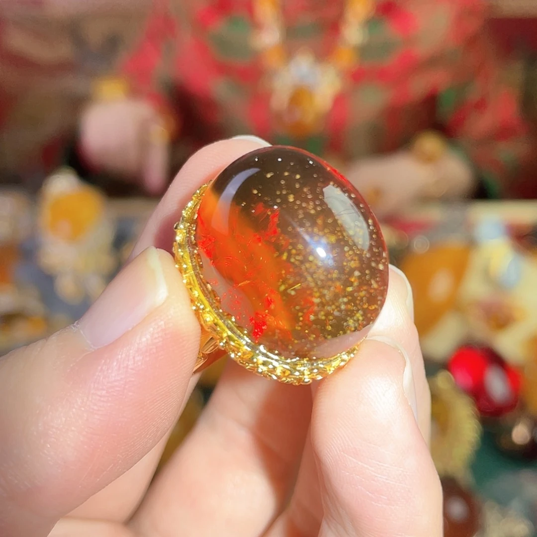 琥珀戒指银S925镀金镶嵌