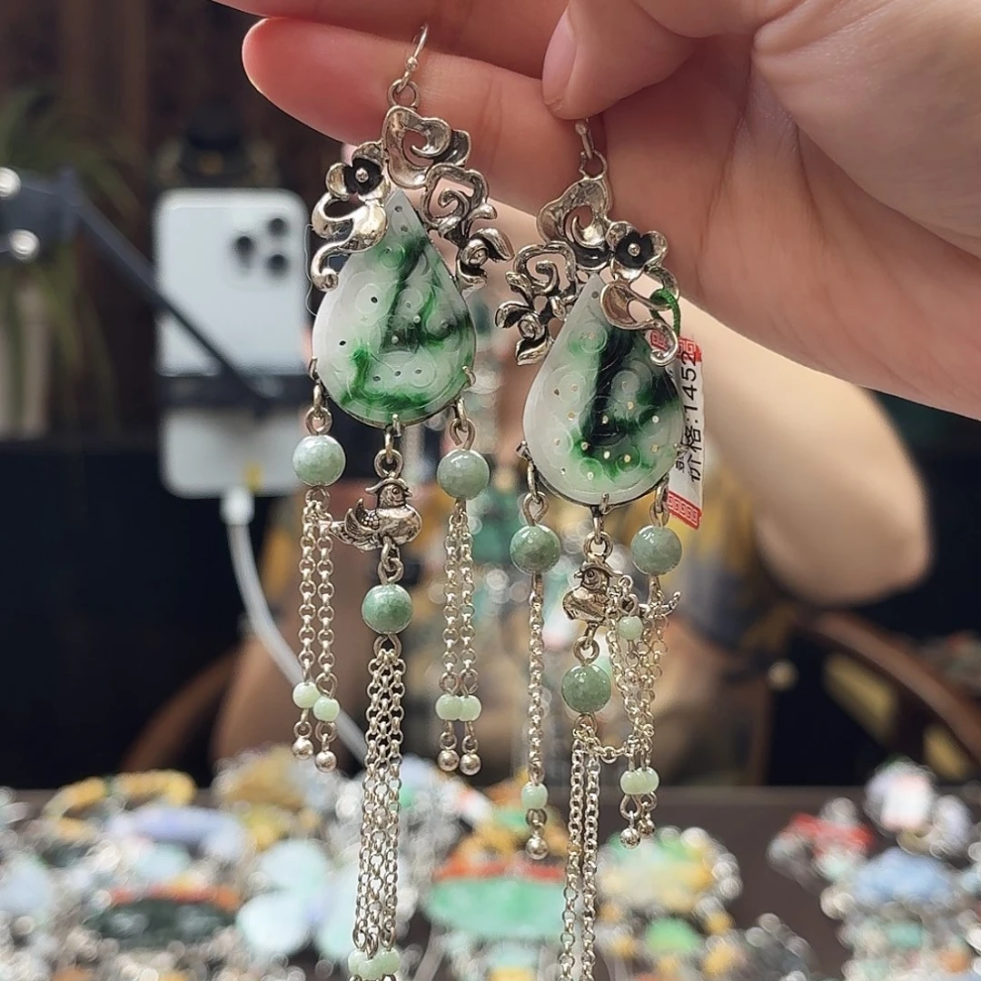 翡翠银S925镶嵌耳饰耳环