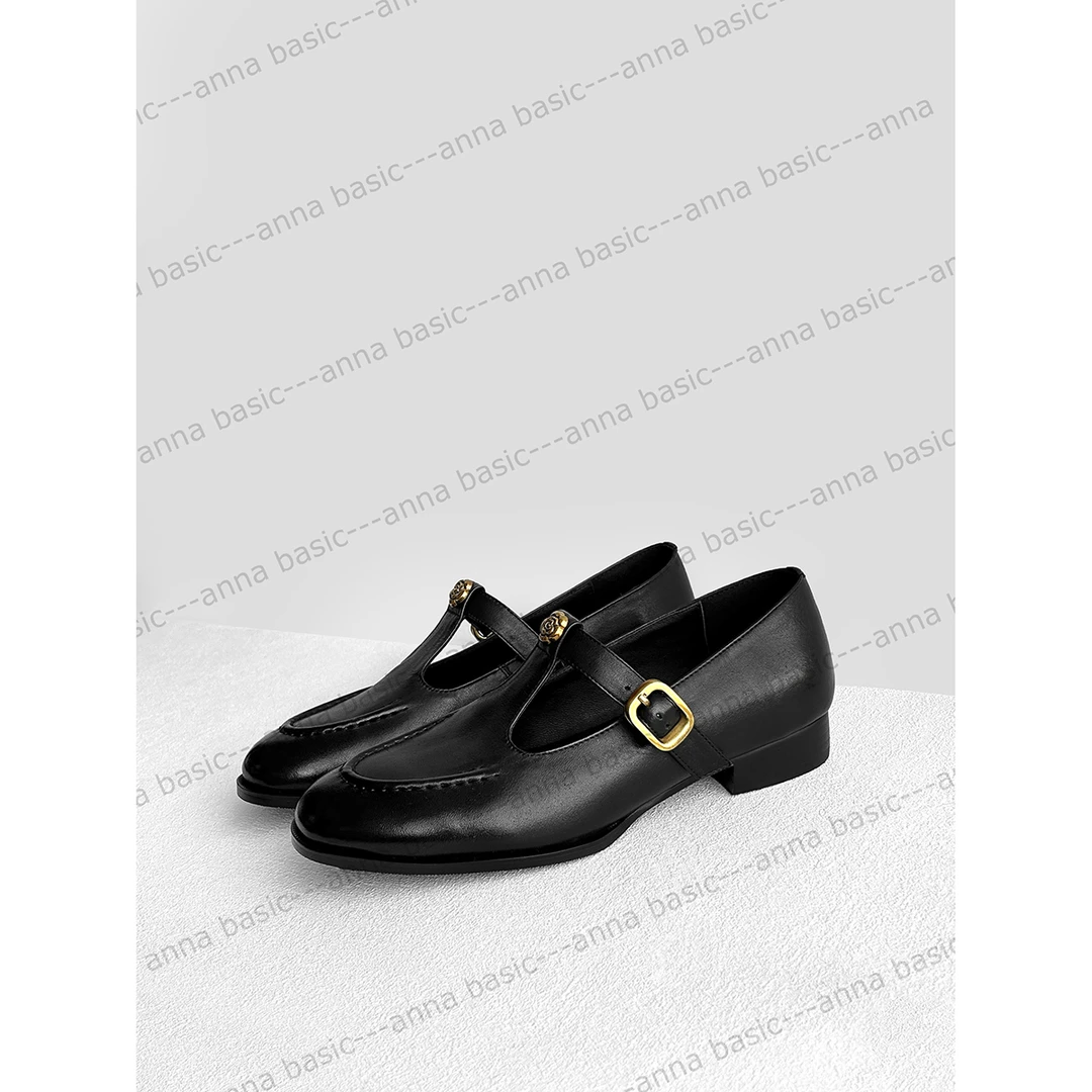 2.5cm/FC1835牛皮平跟单鞋女春秋浅口玛丽珍鞋复古粗跟33大小码41