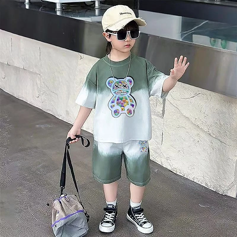 春夏薄款男童中小童渐变运动套装时髦洋气圆领短袖拼接撞色两件套