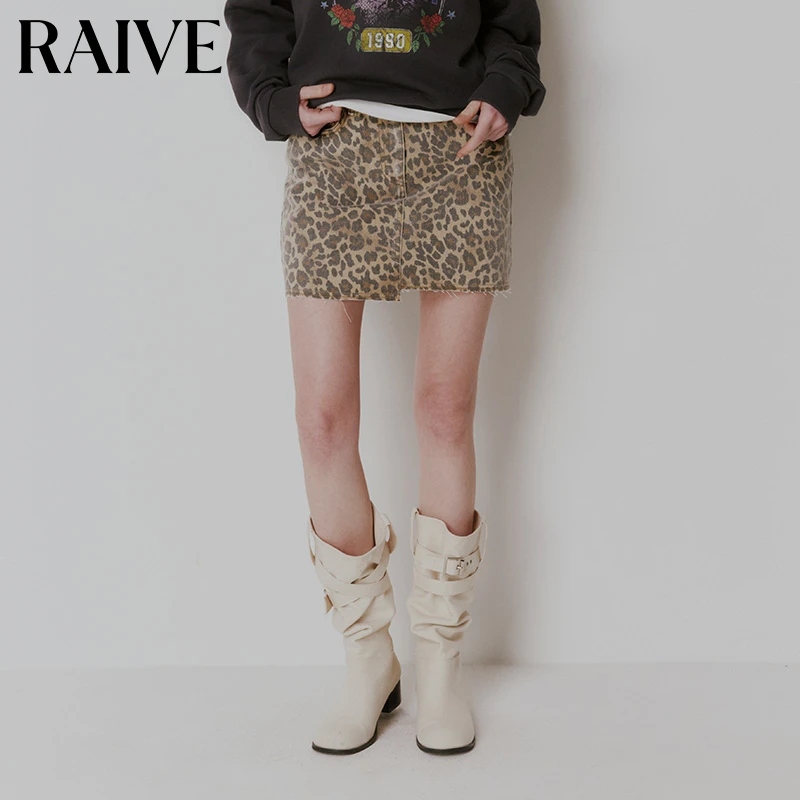 【RAIVE】2025春季新款豹纹小姐女短裙豹点韩直筒裙不规则下摆半身