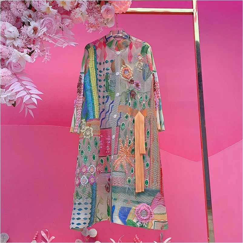 A2553欧美设计师2025夏季新款钉钻刺绣立体花朵百皱高弹连衣裙女