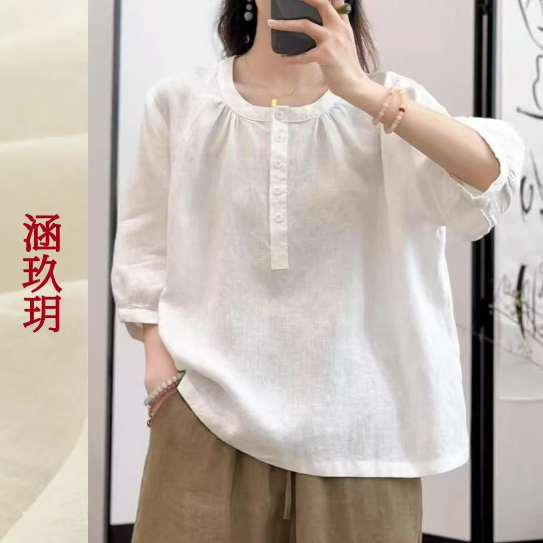 涵玖玥▪100%黄金纱雨露麻【温柔絮语】五扣简约上衣小米-9029