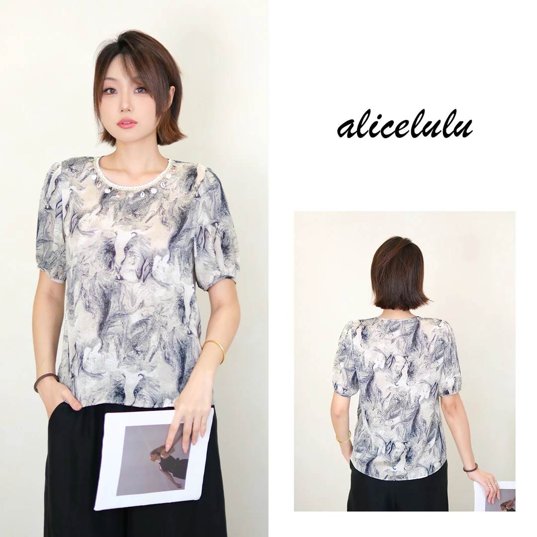 [alicelulu]时尚圆领印花短袖衬衫洋气减龄上衣S2143767B
