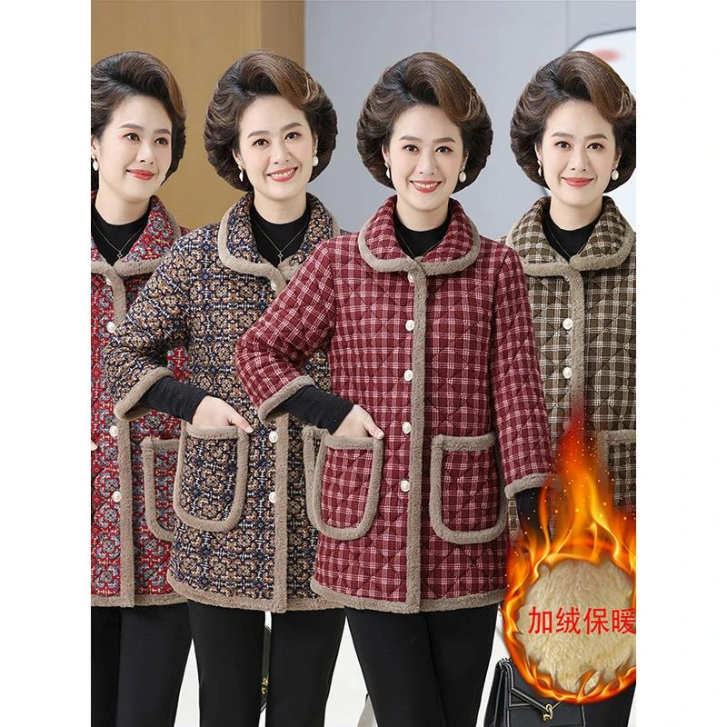 妈妈秋冬装加绒加厚中袖棉衣外套中老年女冬季七分袖棉服碎花棉袄