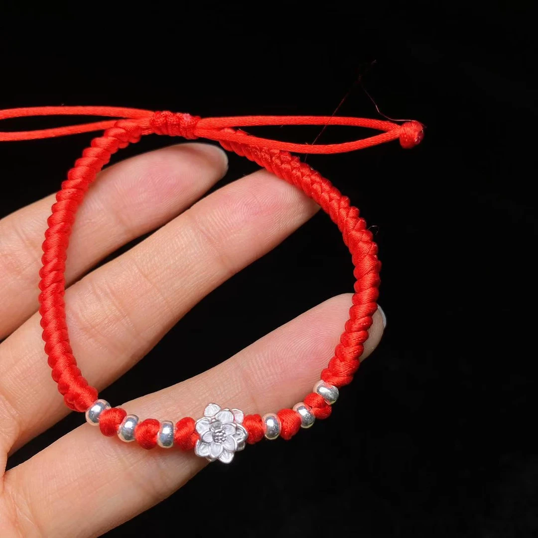 足银银制品 珠珠莲花足银红绳手链- QY047