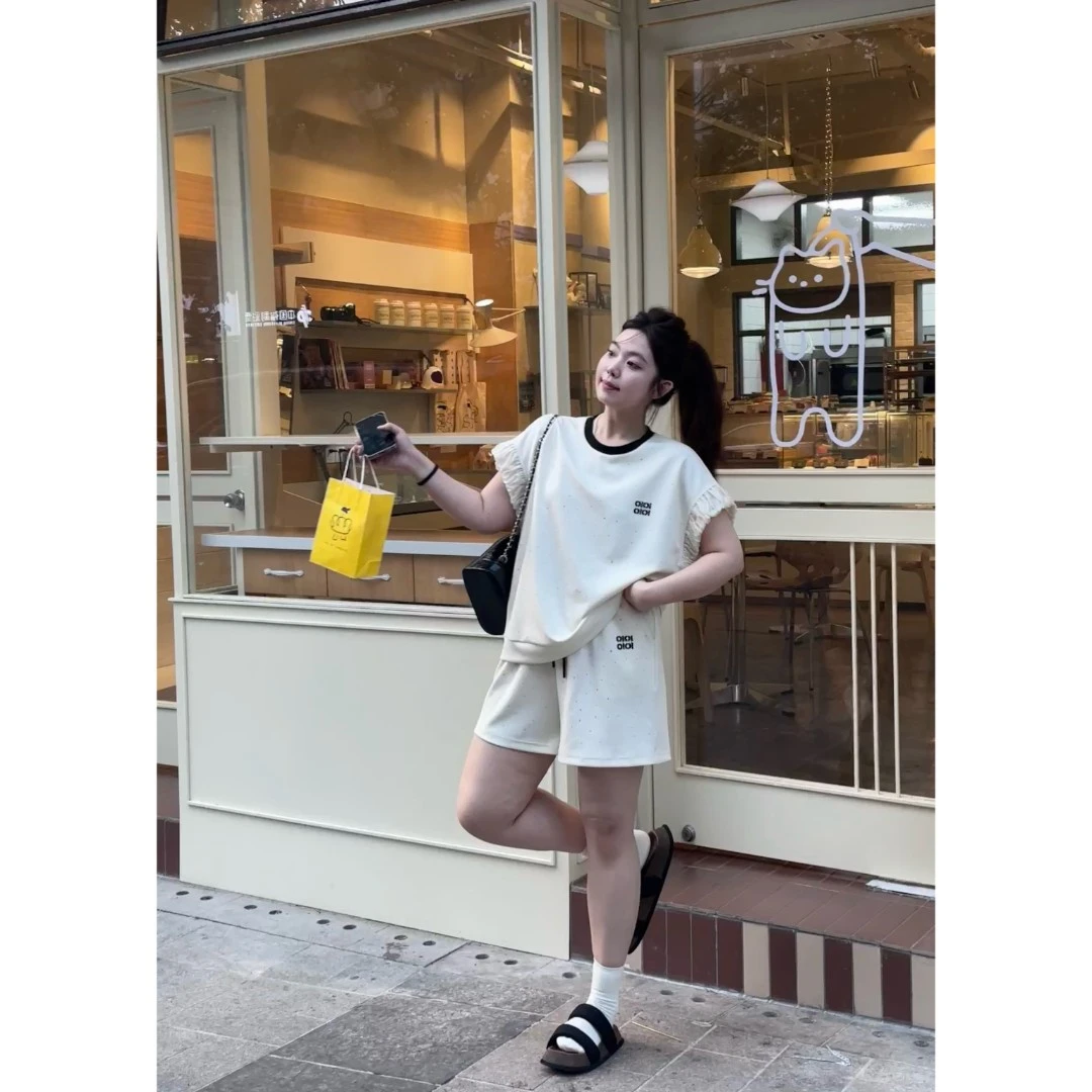 晶咕【优雅甜心-T恤】袖口拼接短袖上衣时尚休闲百搭夏季宽松