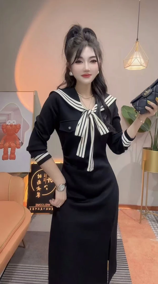 爆款学院风海军领长袖连衣裙女2025秋季新款洋气显瘦中长裙修身潮