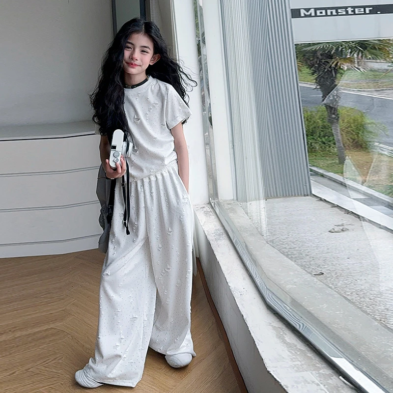 童装女童夏季洋气潮酷满身破洞烫钻套装6-12岁15中大童小女孩套装