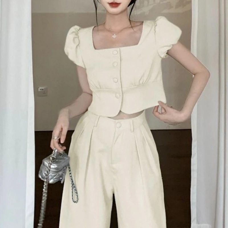 甜美名媛风方领泡泡袖设计感收腰短上衣外套夏新款高腰长裤两件套