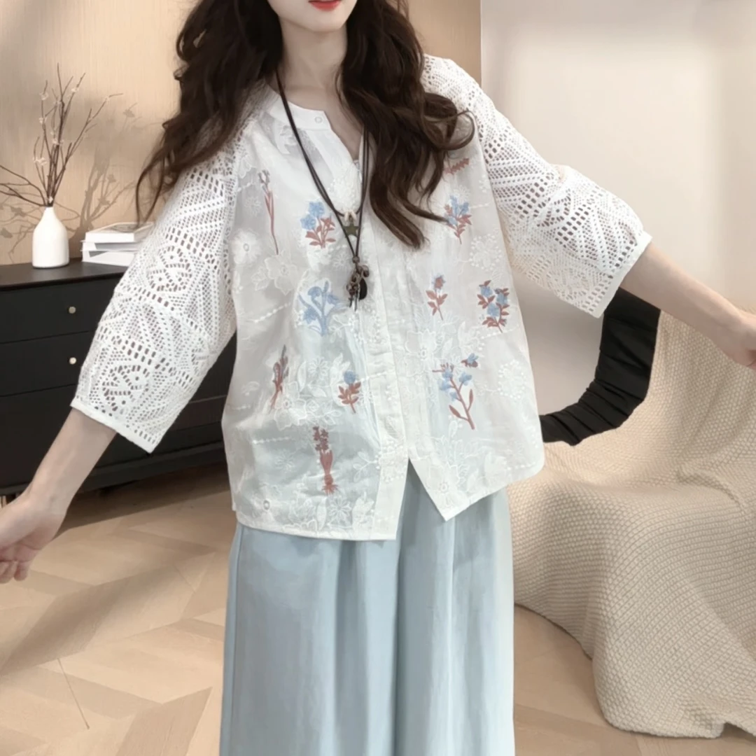 HUIERMAN/慧尔曼100%棉时尚设计师款拼接镂空透气刺绣衬衫【15471】