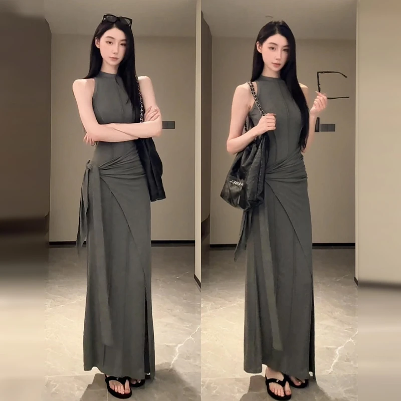 法式高级感灰色背心连衣裙长款夏季2025新款财阀千金女装包臀裙子