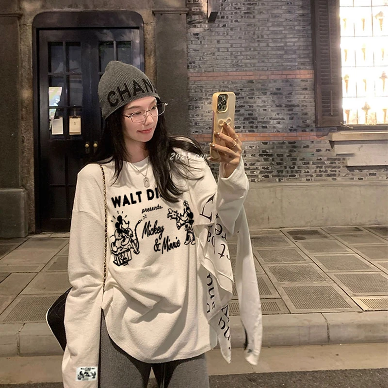 港风ins米奇正肩潮牌百搭t恤上衣洋气女装纯棉长袖情侣装打底衫