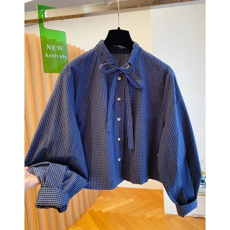 蓝色格子衬衫女高级感轻奢减龄洋气2025新款宽松蝴蝶结系带上衣秋