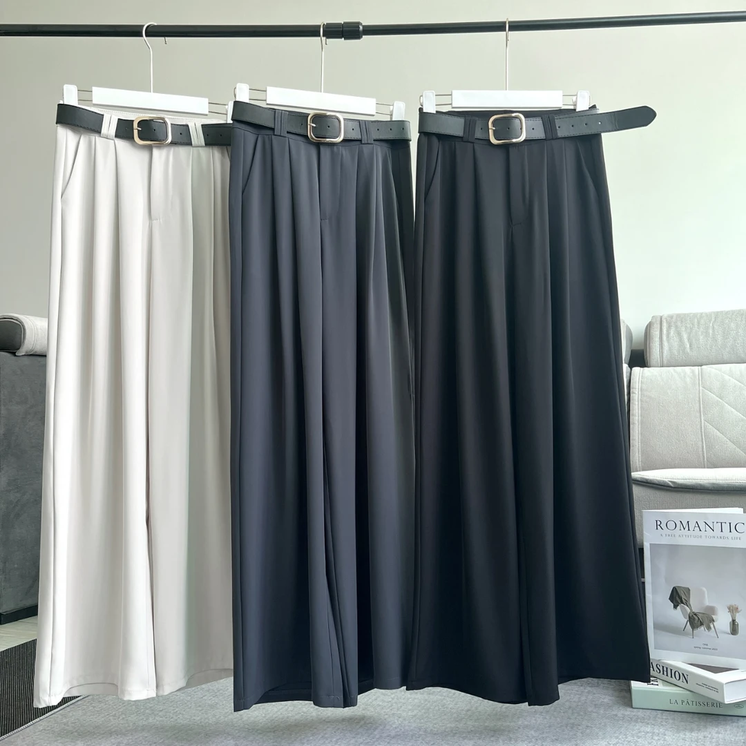 （送腰带）冰丝直筒西装裤女2025夏新款气质高腰垂感阔腿裤冰凉垂感