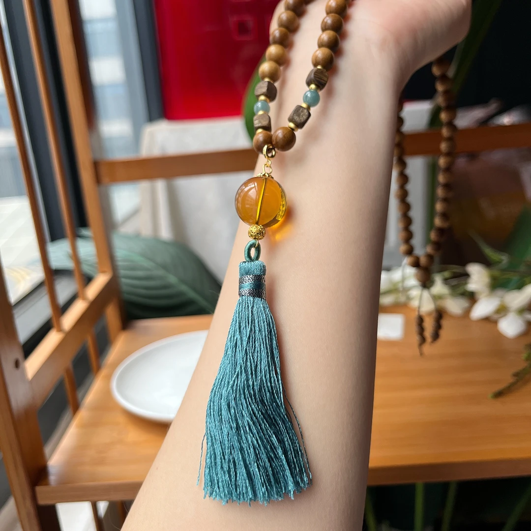 【郭老师】翡翠圆珠约6mm金丝楠木圆珠约6-8-10mm+金蓝珀约18mm手串