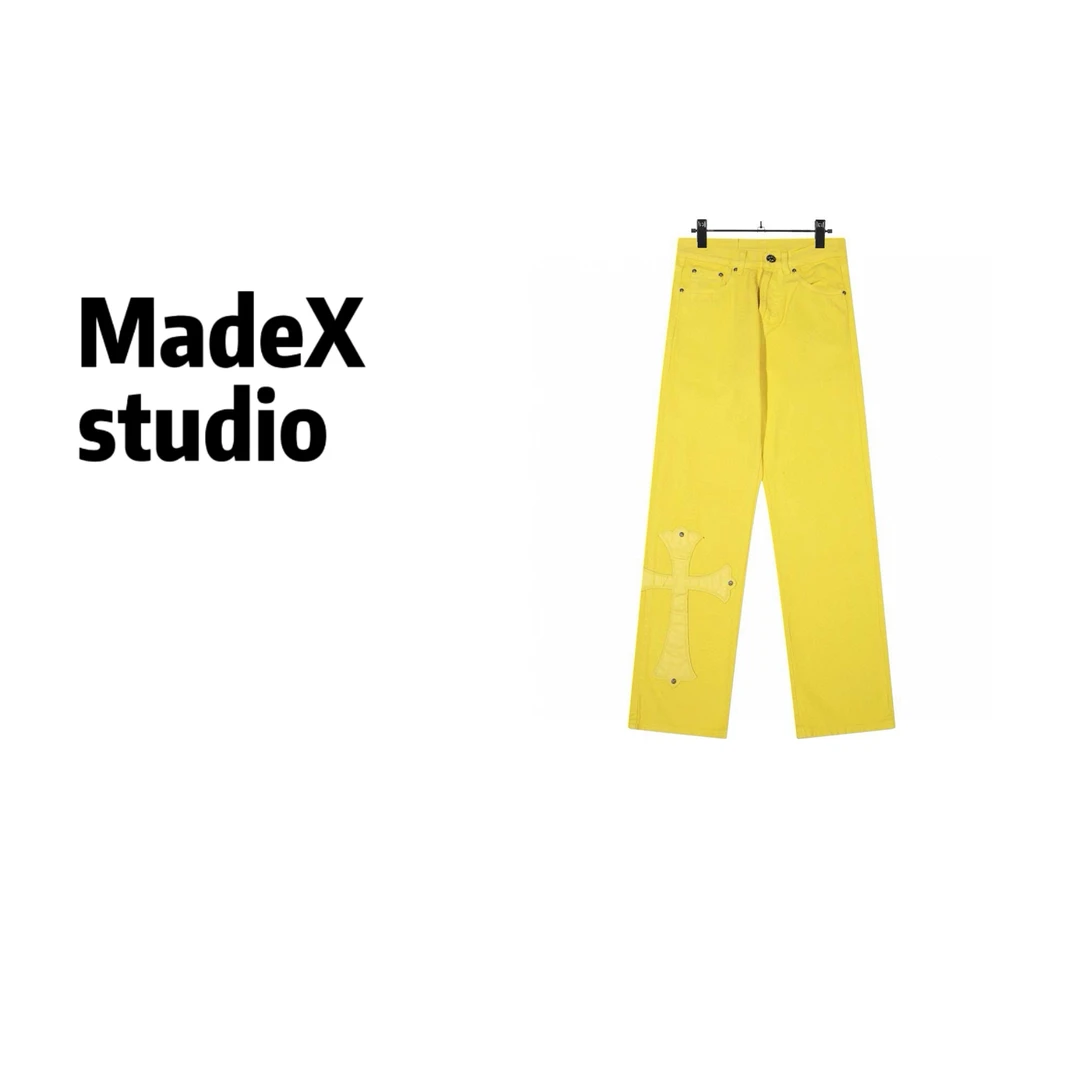 十字架贴皮标多巴胺黄直筒牛仔裤情侣同款