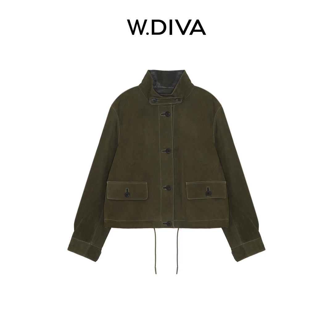 W.Diva【苔原】复古收腰头层羊皮立领夹克外套老钱风松弛53C112626