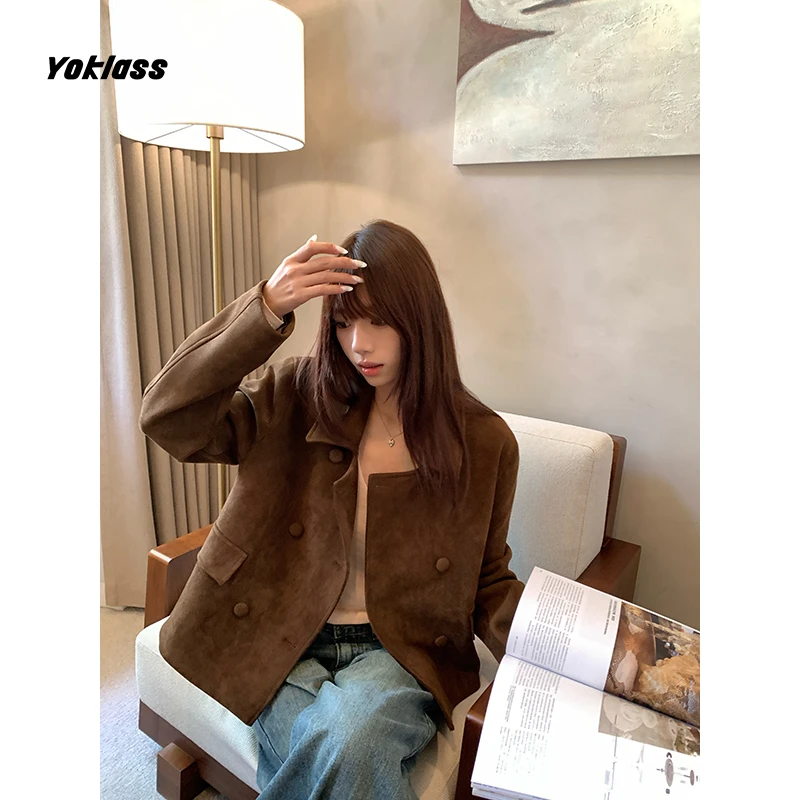 王少女YOKLASS【现现】咖色气质百搭宽松麂皮绒翻领外套 W24439S43