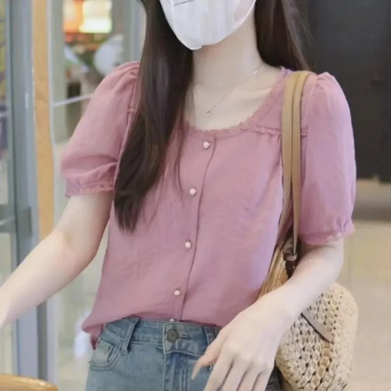 夏季粉色遮肚短袖衬衫夏季衬衫设计感显瘦纯色时尚短袖洋气法式