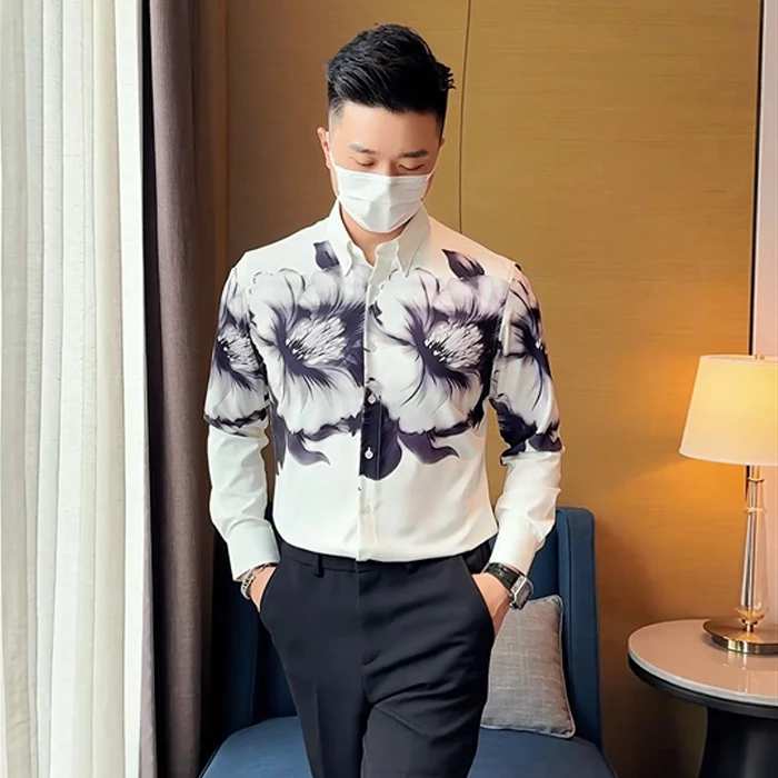 猎撒爆款男士长袖休闲衬衣韩版修身时尚潮流个性印花痞帅男款衬衫