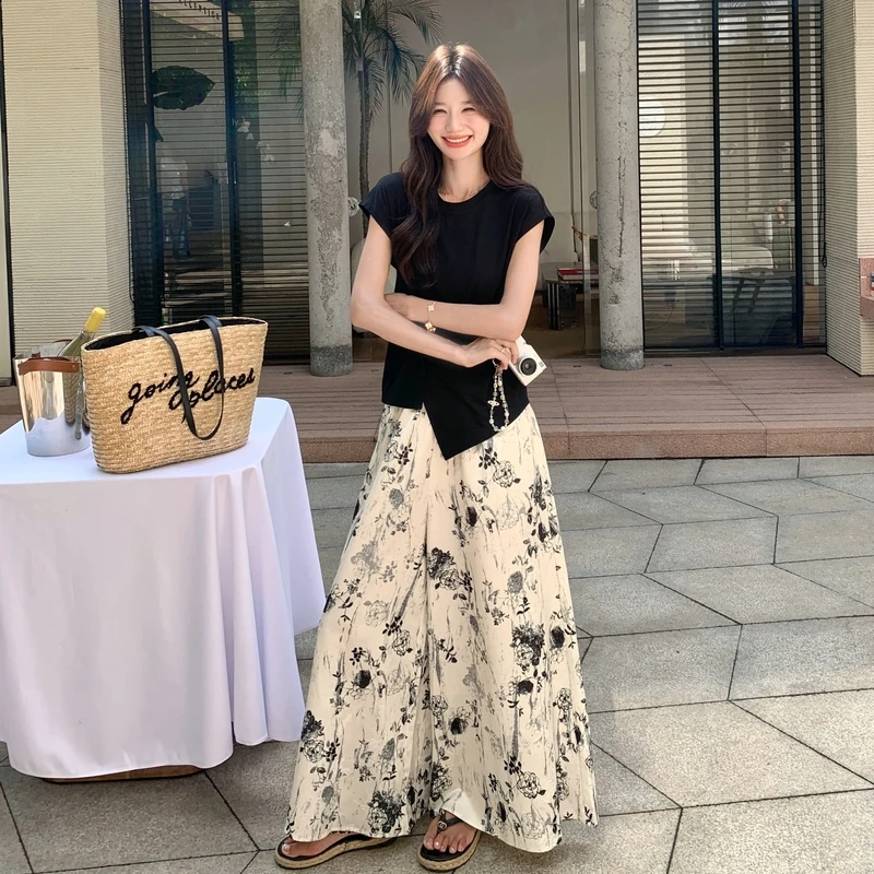 黑色不规则短袖碎花阔腿裤两件套女巨好看夏日大方得体超火一整套