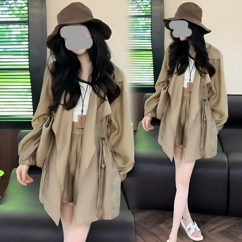大翻领外套2025夏季新款女装时尚休闲风宽松款抽绳中长款防晒衣