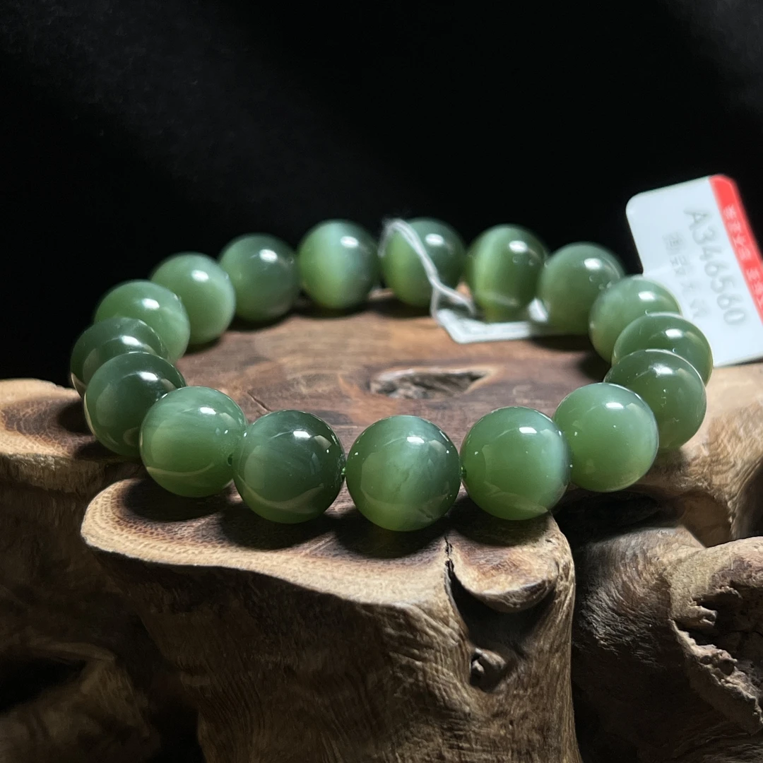 【伟伟鉴定】和田玉 碧玉 猫眼 圆珠 手串12