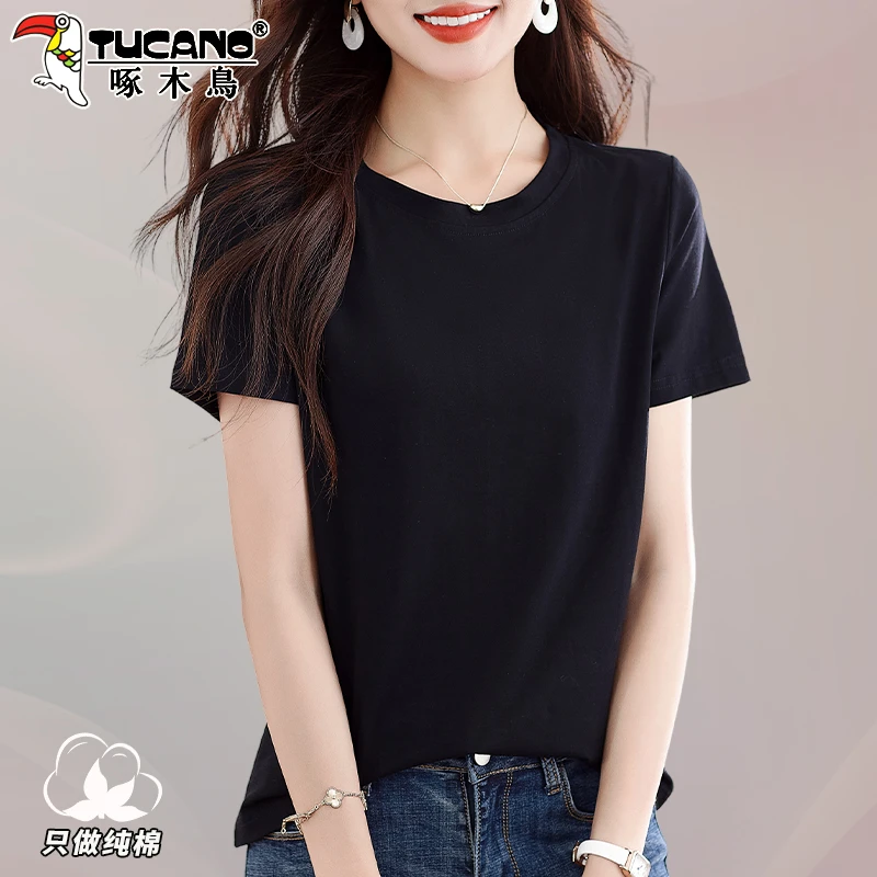 啄木鸟黑色棉款短袖t恤女2025新款夏季洋气时髦休闲短款圆领上衣