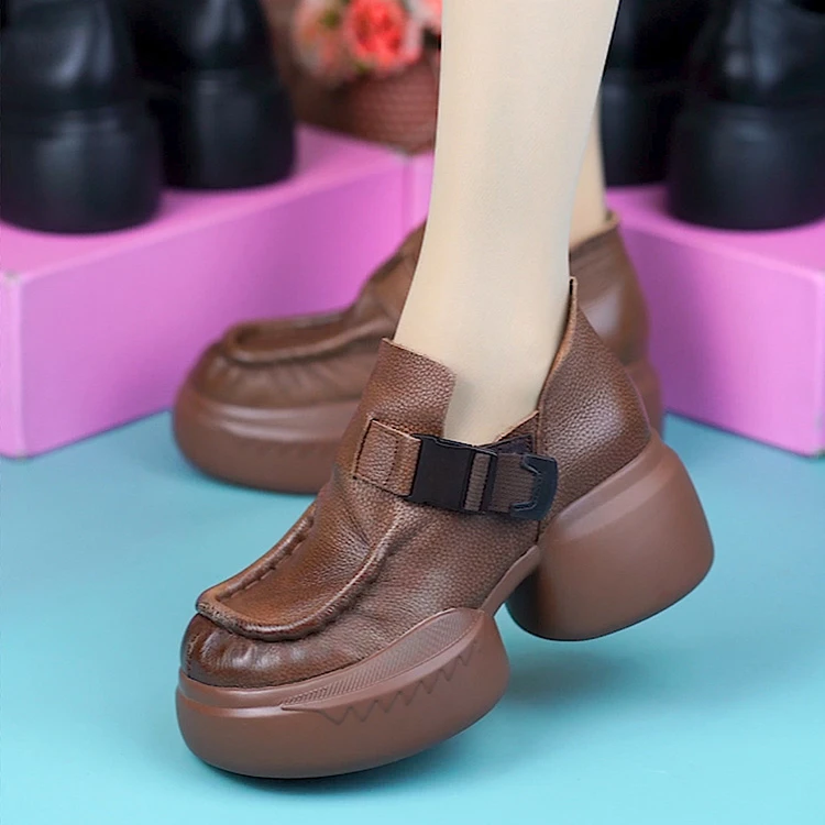 2359-1真皮女鞋纯牛皮圆头粗跟厚底皮带卡扣休闲百搭增高单鞋