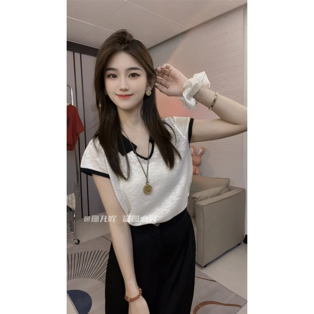 撞色polo领短袖针织衫T恤女夏2025薄款小个子宽松显瘦减龄上衣潮