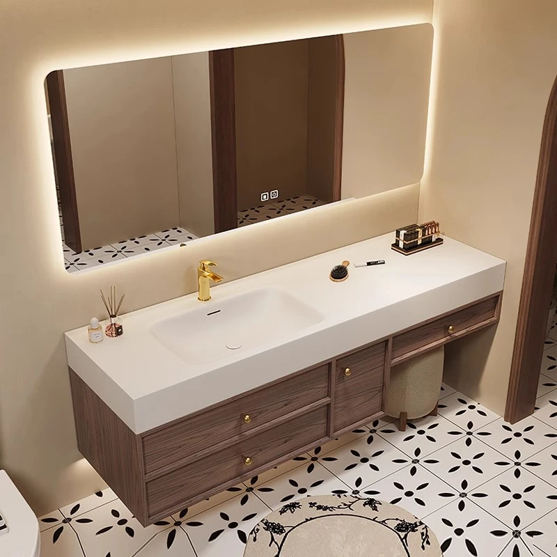 新中式浴室柜组合岩板热弯无缝一体盆胡桃木色洗手洗脸盆柜定制