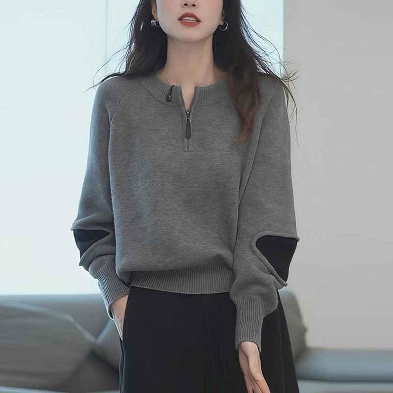 灰色拉链半开领长袖针织衫女2025秋冬季新款毛衣宽松显瘦保暖上衣